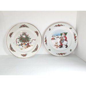 Country Christmas Decorative Plate By Jay Porcelain 2 Pc Set Geese Trees Santa